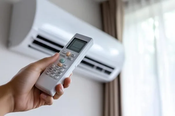 The hand is holding the remote to set up dry mode air conditioning