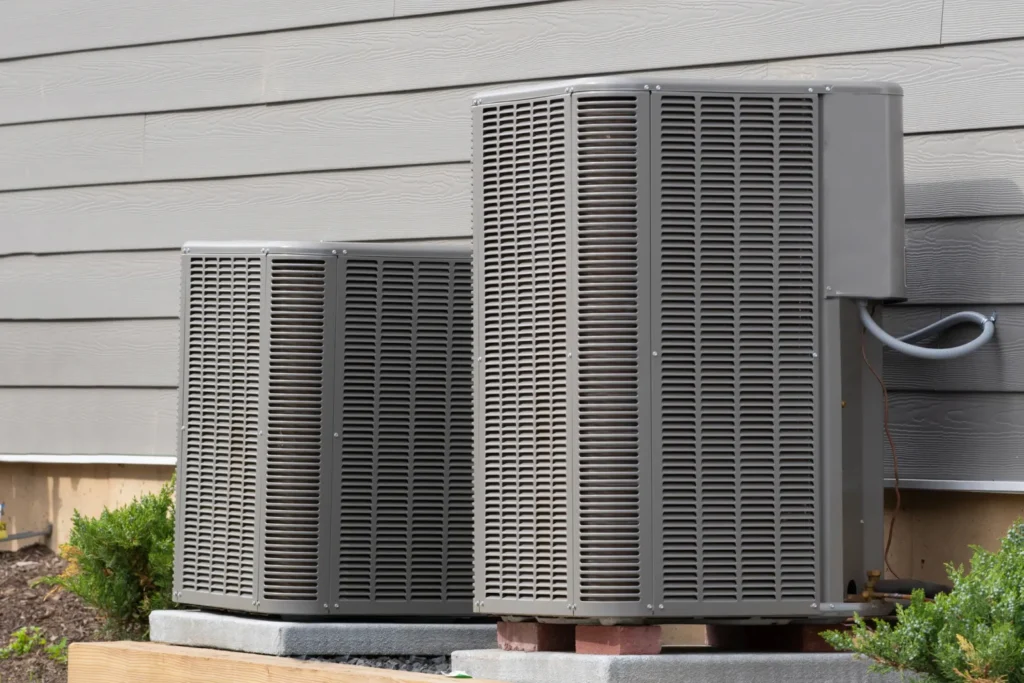Two outdoor HVAC units installed beside a house, appearing idle, indicating HVAC stops working suddenly.