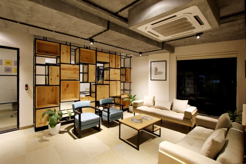 Lounge area with ceiling cassette air conditioning unit, illustrating a smart way to upgrade your restaurant HVAC system.