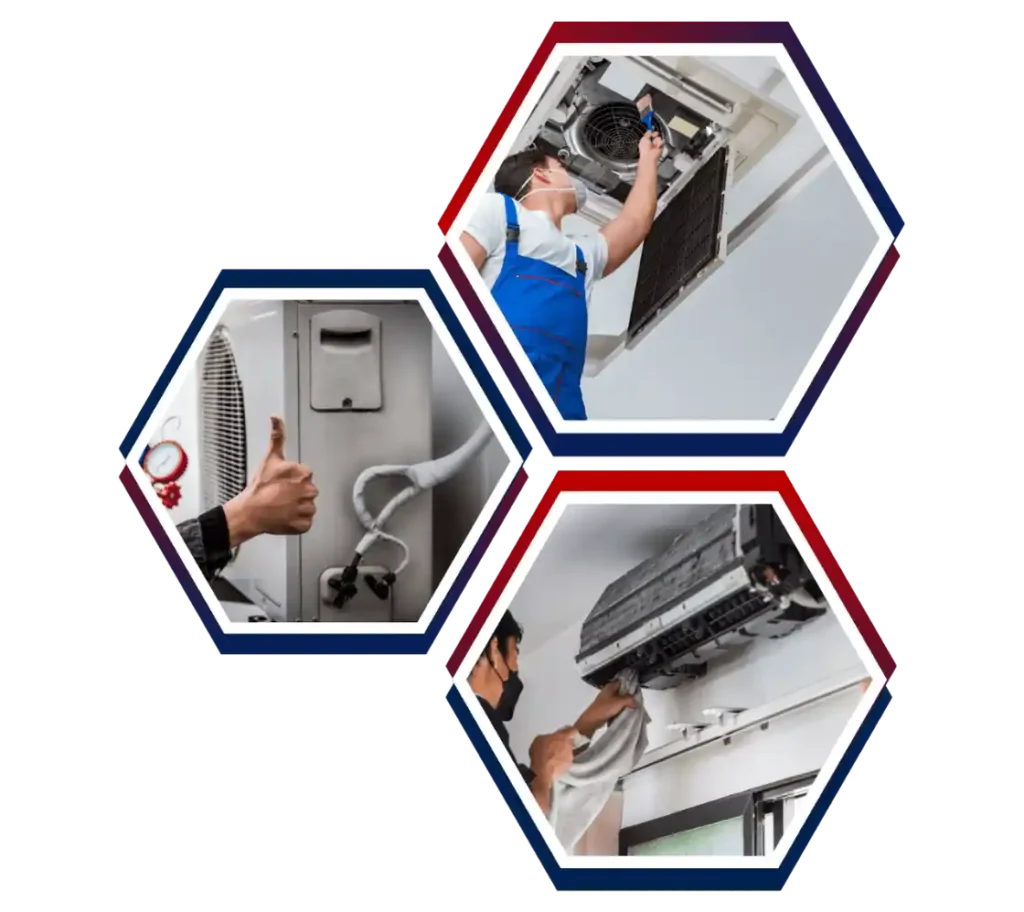 Showing air conditioning maintenance and cleaning services, including a technician cleaning a ceiling unit, another technician giving a thumbs-up beside an outdoor unit, and cleaning an indoor AC unit. A Banner for air conditioning services in Gold Coast.