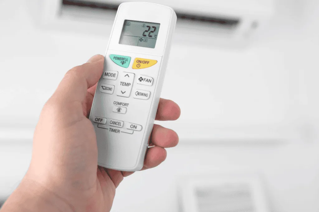Remote control showing Econo mode in air conditioner, ideal for reducing power use in air conditioning Gold Coast settings.
