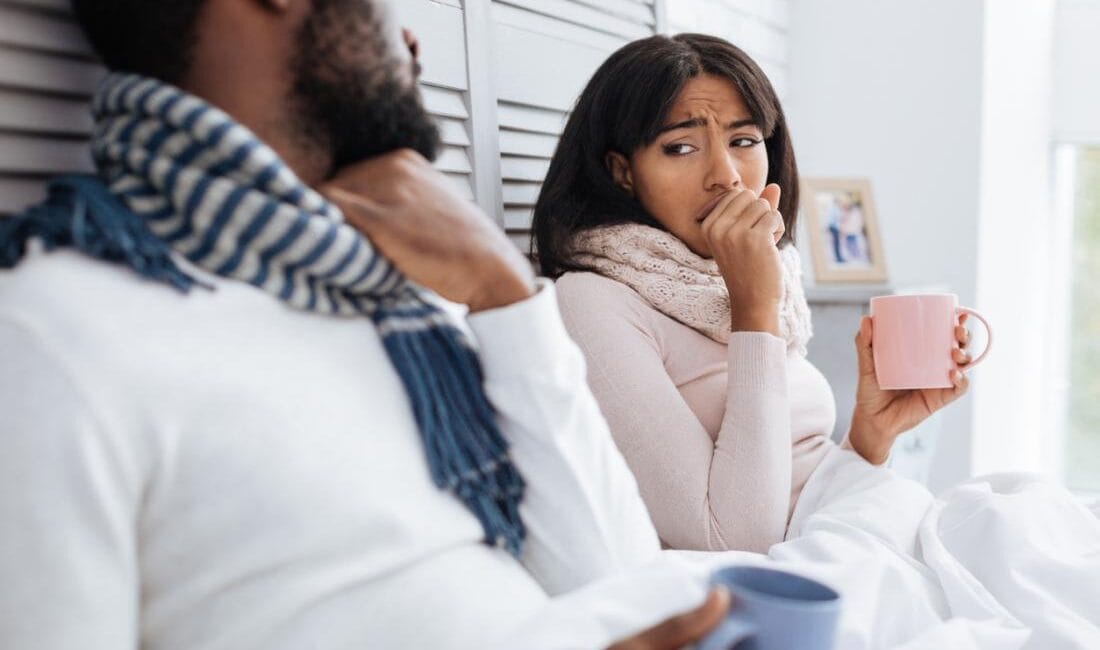 Worried woman holding face due to air conditioner lung.