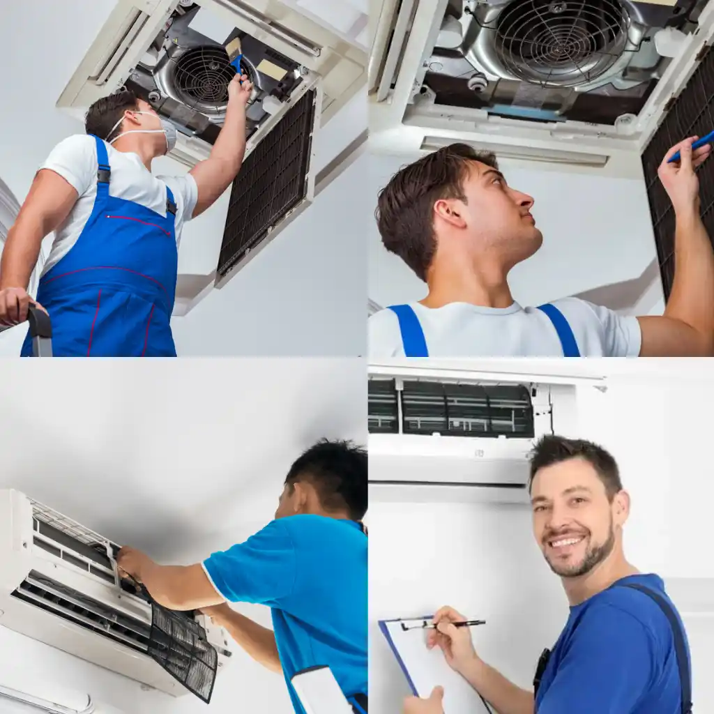 Technicians inspecting and servicing various air conditioning units, representing professional air conditioner services in Gold Coast for both residential and commercial properties