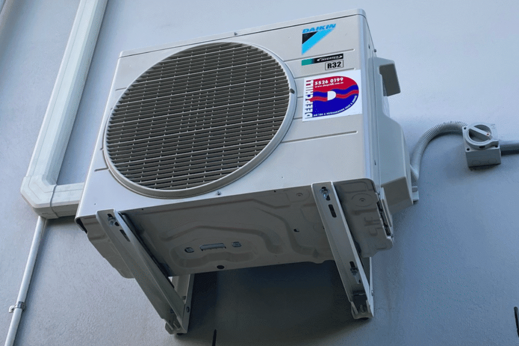 Daikin AC outdoor unit mounted on a wall bracket. If your AC outdoor unit is making loud noises, it might signal imbalance or wear in the compressor or fan. Contact an air conditioning repair Gold Coast expert to inspect and fix the issue promptly - DEEPCHILL