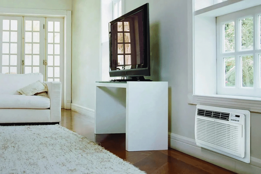 A cosy living room with a floor-standing air conditioner installed below a window, illustrating the compact and accessible design option in the DEEPCHILL review comparing cassette vs floor-standing air conditioners for homes in Gold Coast.