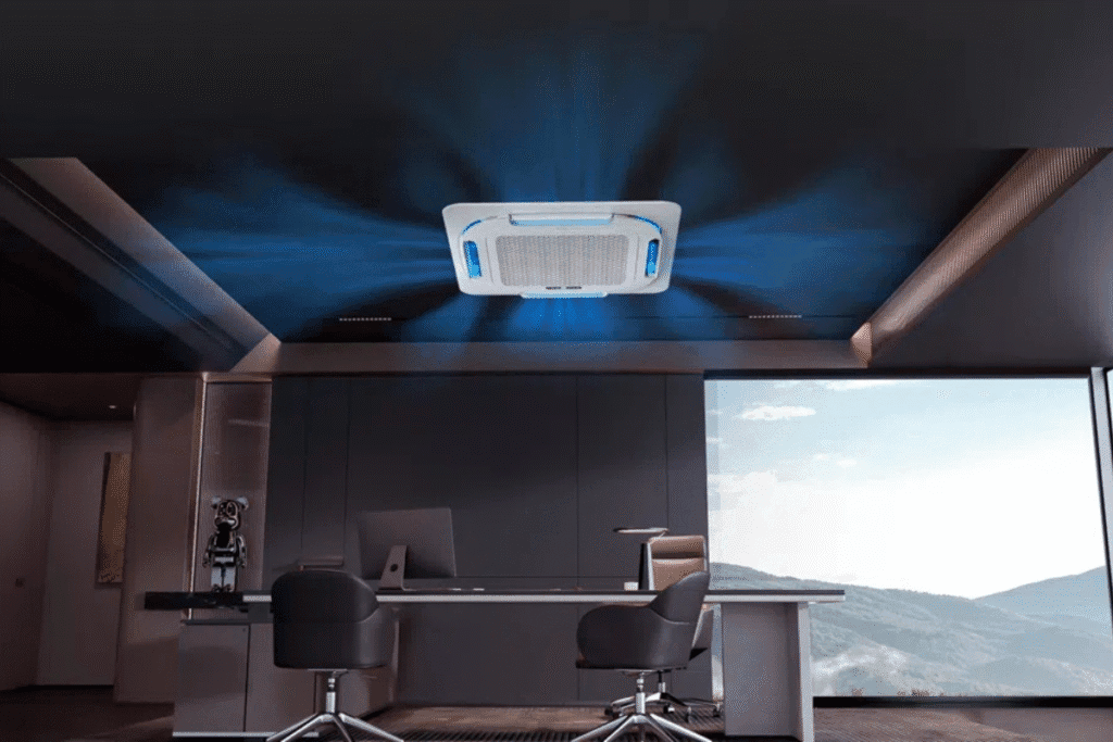 A cassette air conditioner actively cooling a sleek office space with 360-degree airflow, showcasing one of the key benefits in the DEEPCHILL review of cassette vs floor-standing air conditioners for premium air conditioning in Gold Coast.