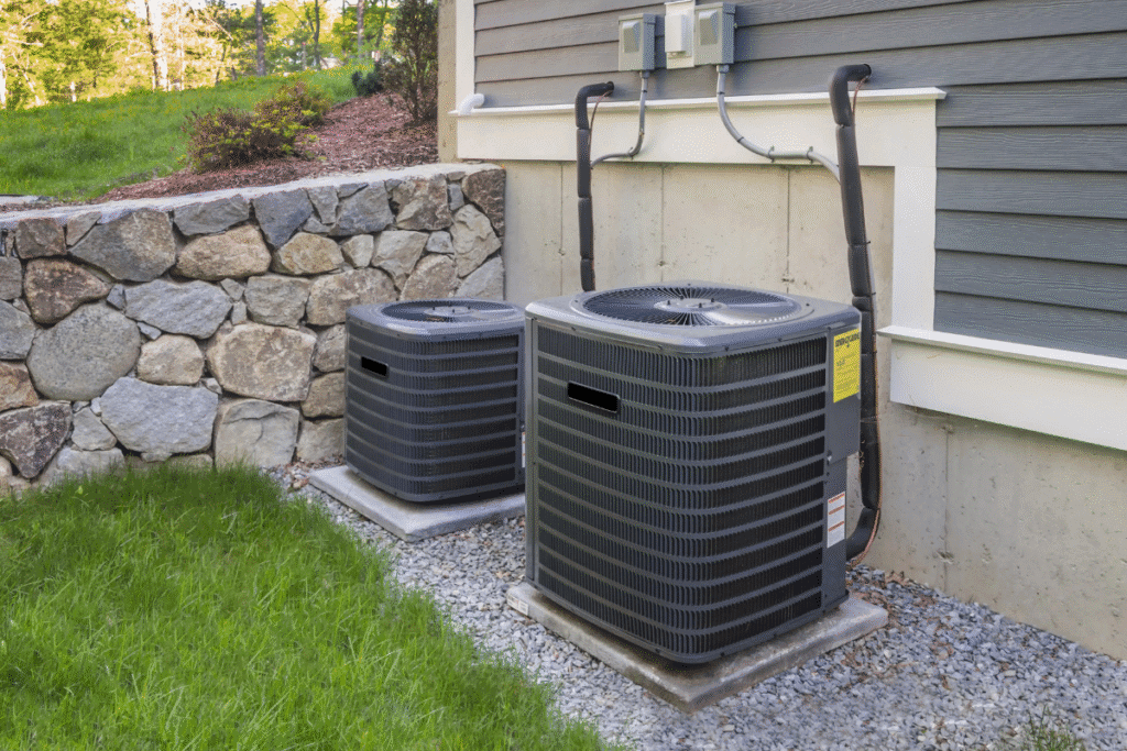 Outdoor central air conditioning units for a residential property – Central vs Split systems choice for large homes by air conditioning contractor Gold Coast.
