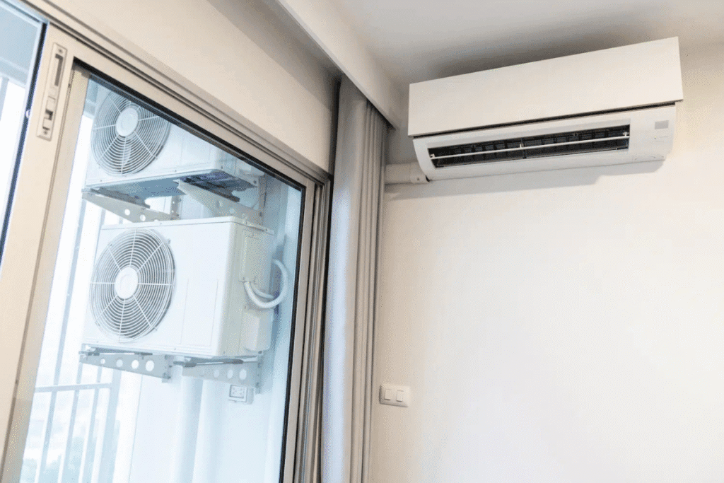 Split air conditioning system installed in a Gold Coast apartment, showing dual outdoor units – Central vs Split systems comparison by local air conditioning contractor.