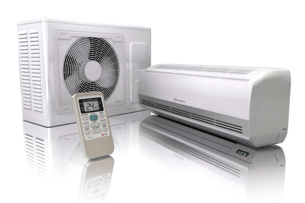 Illustration of a split air conditioner unit with remote control, highlighting temperature settings – Central vs Split systems explained for Gold Coast homeowners.