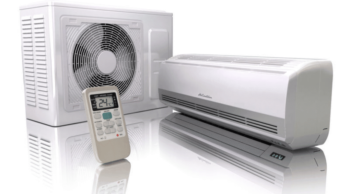 Illustration of a split air conditioner unit with remote control, highlighting temperature settings – Central vs Split systems explained for Gold Coast homeowners.