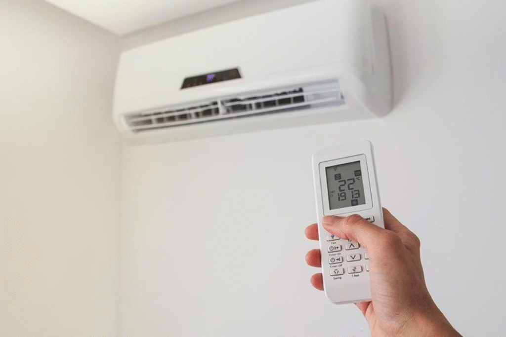 Remote control operating a split system air conditioner, illustrating individual room control in Ducted vs Split Air Conditioners for air conditioning Gold Coast.