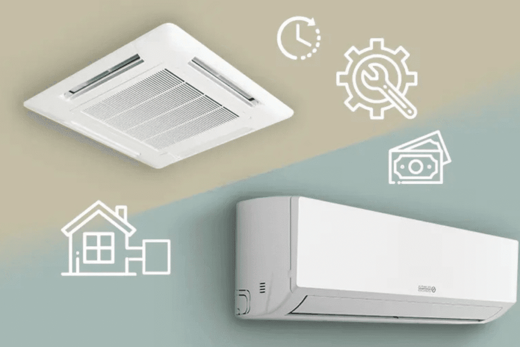 Side-by-side comparison of Ducted vs Split Air Conditioners showing installation and cost icons, ideal for choosing air conditioning Gold Coast solutions.