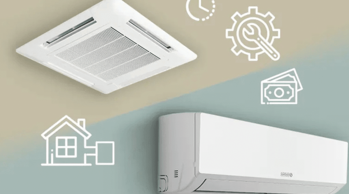 Side-by-side comparison of Ducted vs Split Air Conditioners showing installation and cost icons, ideal for choosing air conditioning Gold Coast solutions.
