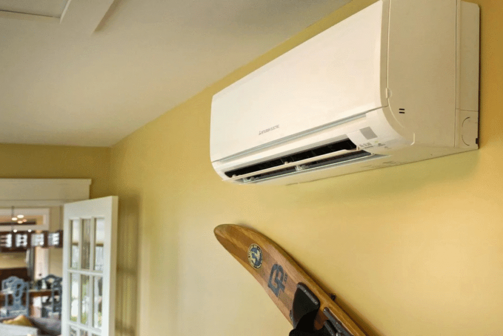 Wall-mounted split air conditioner unit in a Gold Coast living room, showing a typical setup in the Ducted vs Split Air Conditioners debate.