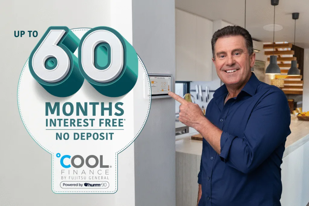 Fujitsu Cool Finance promotion – 60 months interest free with no deposit, shown in a home setting.