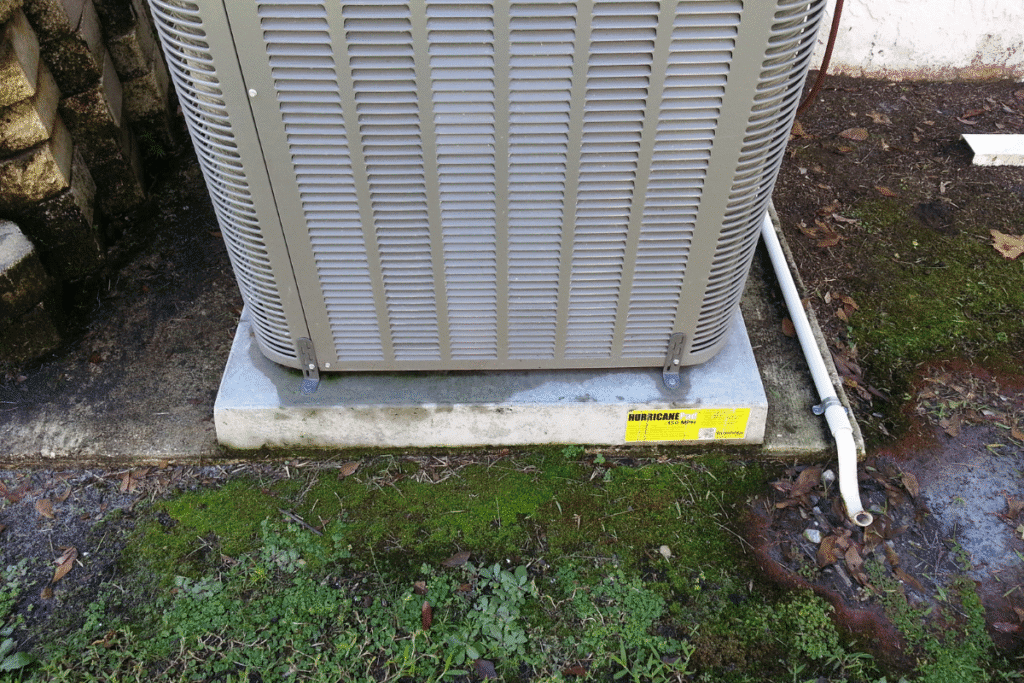 AC outdoor unit leaks water near mossy ground – condensation forming around the base of the air conditioning unit in Gold Coast due to unstable weather.