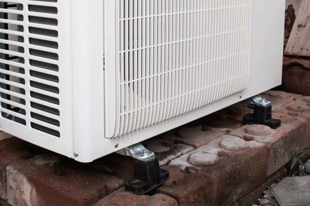 Elevated AC outdoor unit with water leakage signs – typical outdoor air conditioning installation in Gold Coast facing drainage issues.