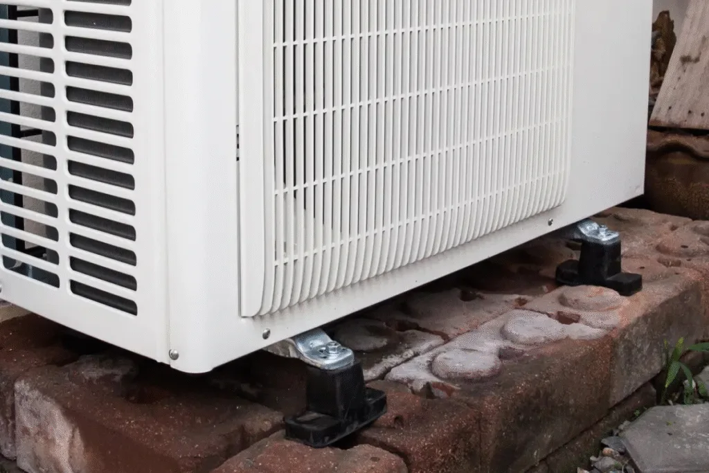 Elevated AC outdoor unit with water leakage signs – typical outdoor air conditioning installation in Gold Coast facing drainage issues.