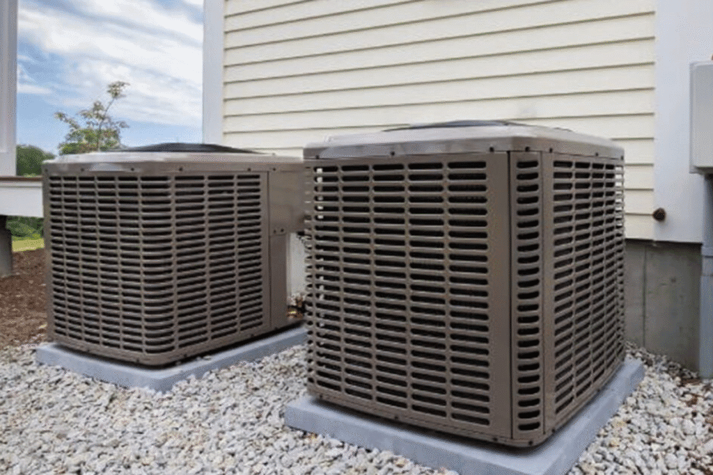Two AC outdoor units mounted on concrete slabs – preventing common issues like AC outdoor unit leaks water in coastal climates like Gold Coast.