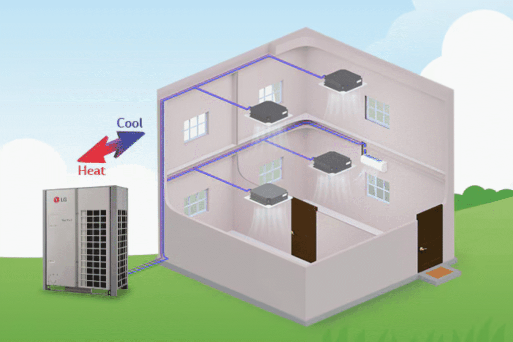 Diagram of a VRF air conditioning system installed in a multi-room building, showing heating and cooling flow – VRF Vs Split system comparison for DEEPCHILL review and air conditioning Gold Coast.