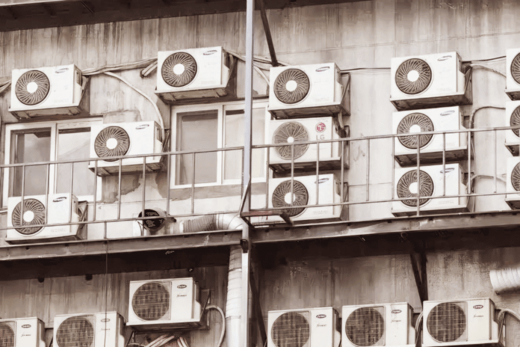 Cluster of multiple split system outdoor units on an apartment building, highlighting limitations compared to VRF systems – DEEPCHILL review on air conditioning Gold Coast.