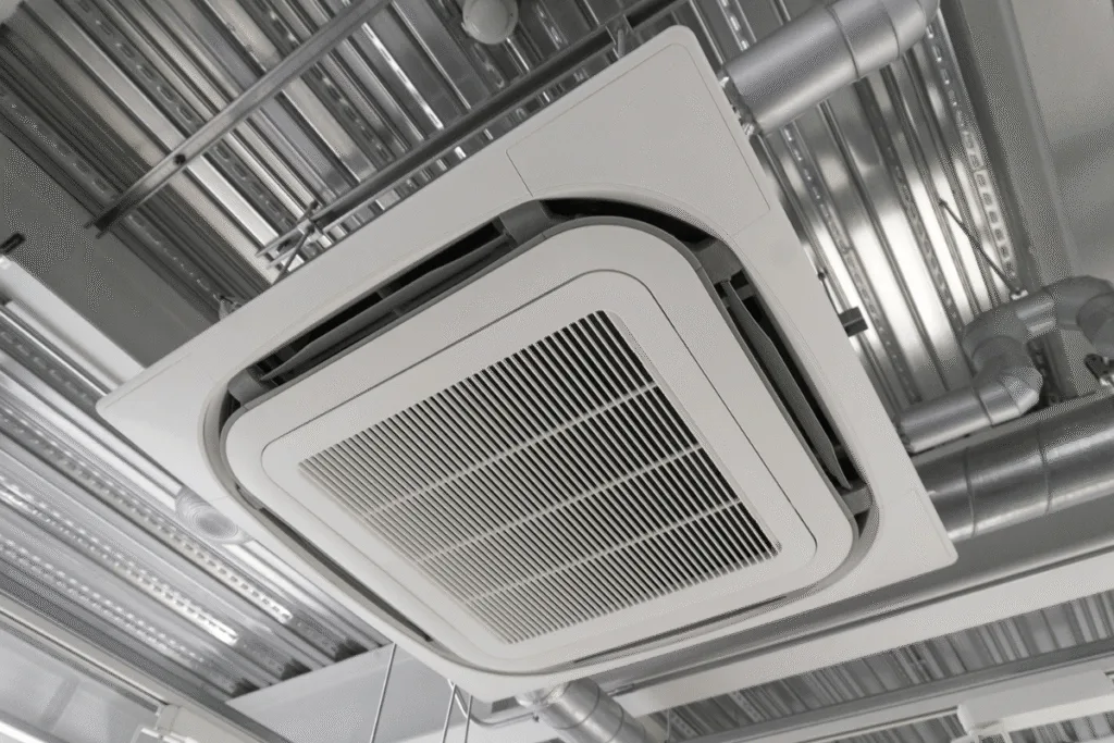 Ceiling cassette air conditioner installed in a hospital, showing 360-degree airflow design – ideal air conditioner for hospitals during winter.