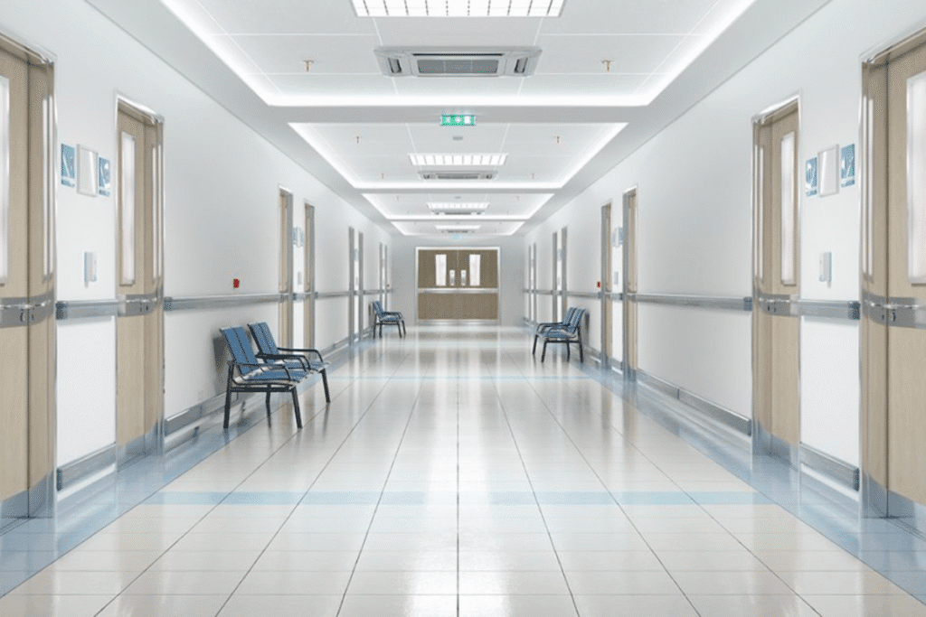 Hospital corridor featuring ceiling-mounted air conditioners – demonstrating effective air conditioning systems for hospitals in winter.