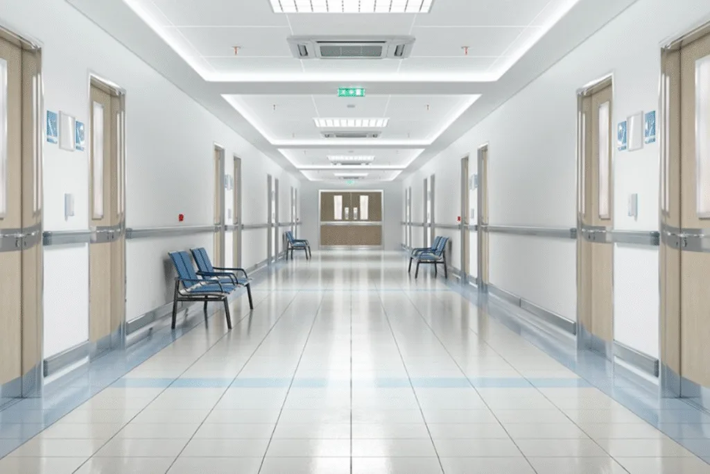 Hospital corridor featuring ceiling-mounted air conditioners – demonstrating effective air conditioning systems for hospitals in winter.