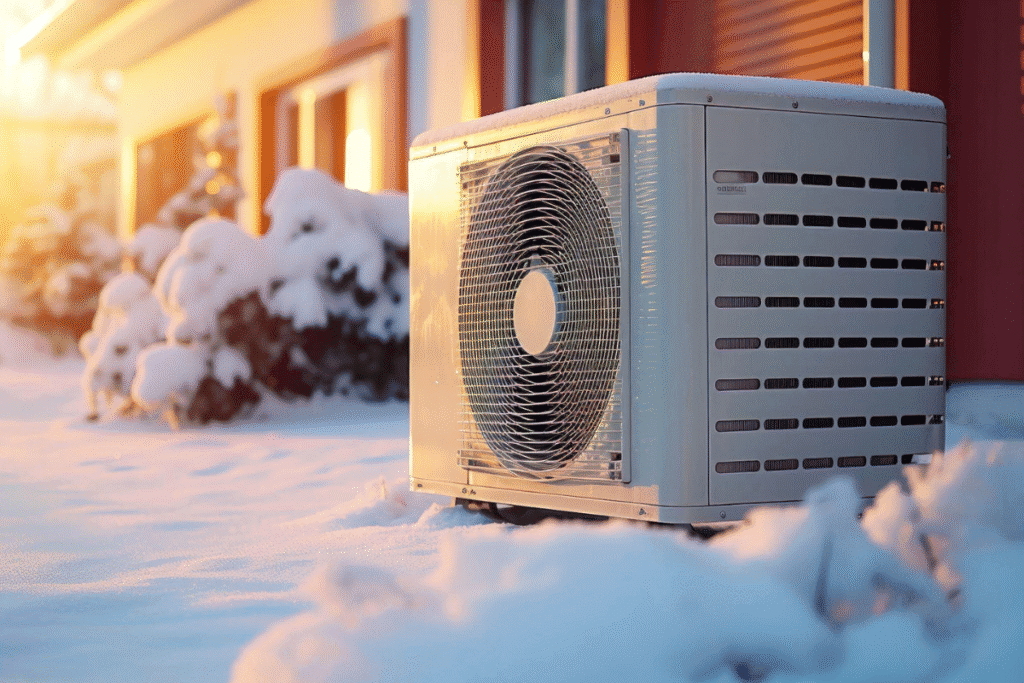 Modern air conditioning unit surrounded by light snow in early morning sunlight outside a home, showing how to maintain an AC during winter for consistent performance — even in milder Gold Coast winters.
