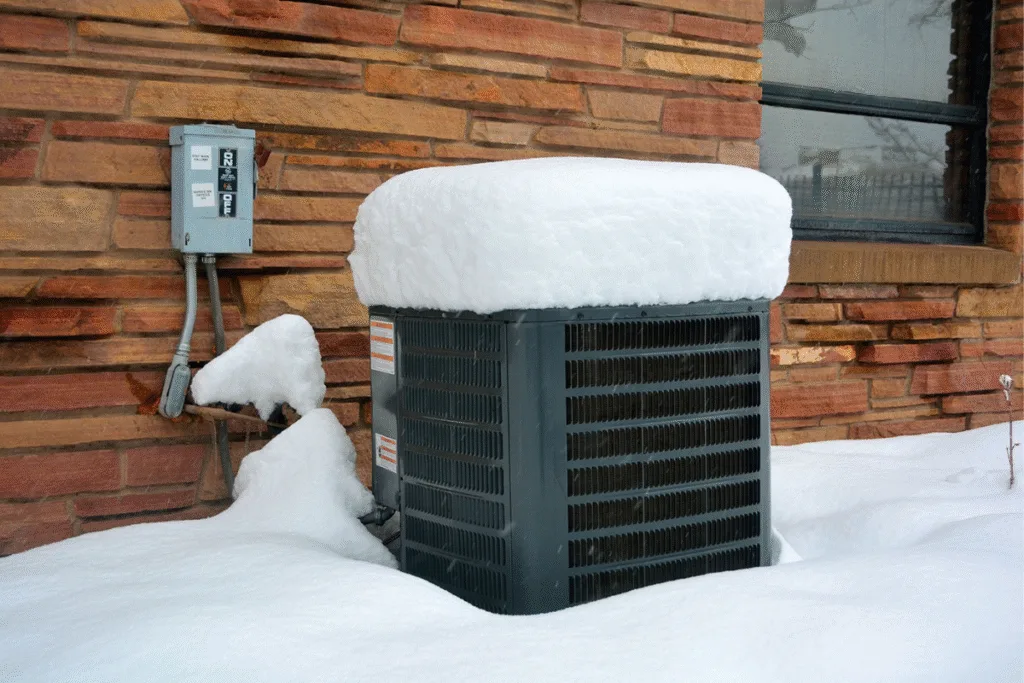 A snow-covered air conditioning unit sits idle outside a brick house during heavy winter snowfall — a reminder of the importance to maintain an AC during winter for homes in regions like the Gold Coast.