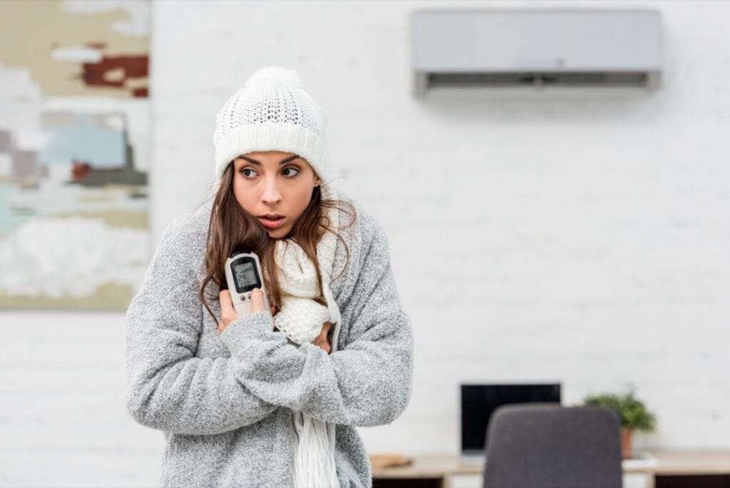 A woman bundled in winter clothes struggles to heat her home, highlighting the need for a more efficient heating solution.