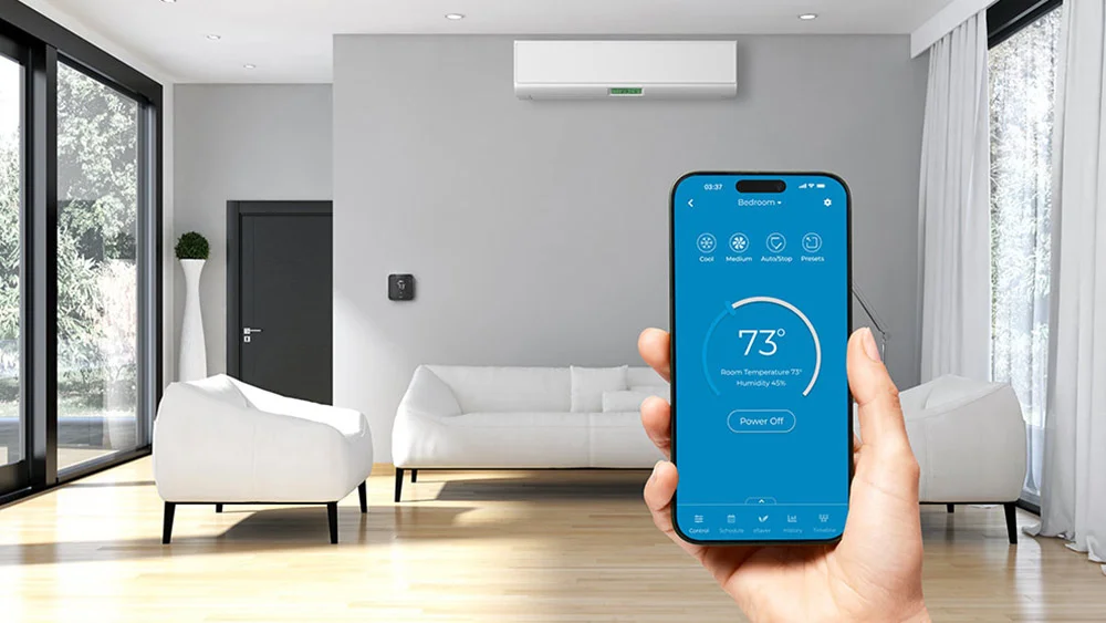 Controlling the air conditioner temperature for bedroom via smartphone app in a modern living space.