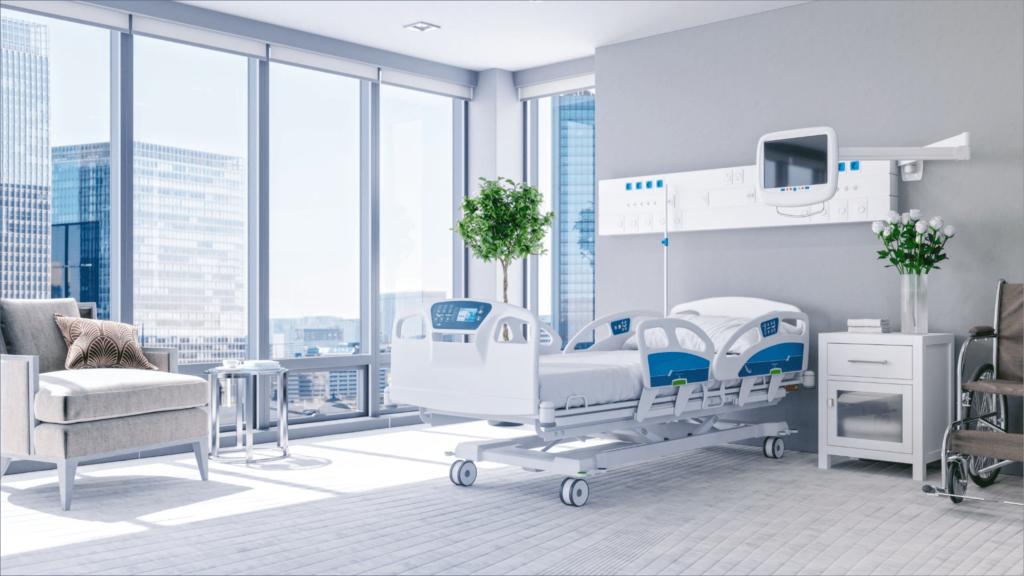 Sunlit patient room in a modern hospital – regulating indoor temperature for hospitals during winter ensures both energy efficiency and patient wellbeing.