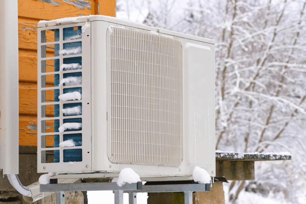 Wall-mounted outdoor air conditioner unit with snow on the coils, showing how to use an air conditioner in the winter with care—smart air conditioning tips and tricks from professionals servicing the Gold Coast.