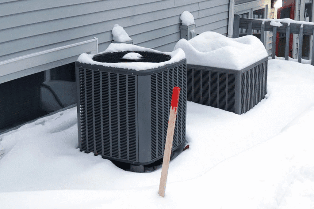 Snow-covered outdoor air conditioning units next to a house, highlighting the importance of proper maintenance when you use an air conditioner in the winter—essential air conditioning tips and tricks for homeowners in regions like the Gold Coast.
