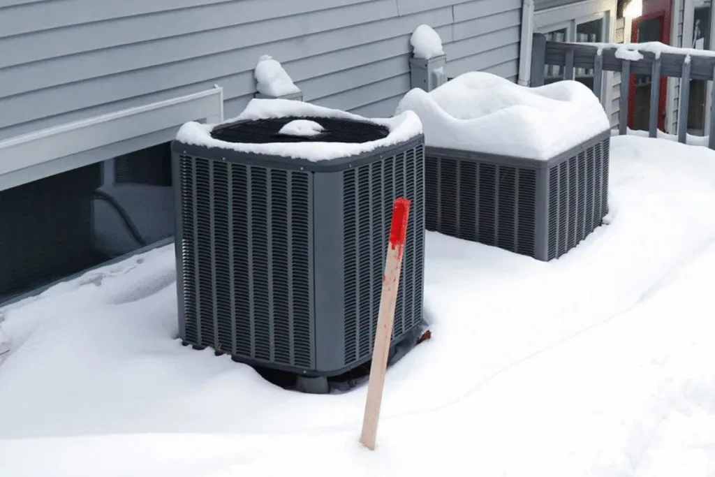 Snow-covered outdoor air conditioning units next to a house, highlighting the importance of proper maintenance when you use an air conditioner in the winter—essential air conditioning tips and tricks for homeowners in regions like the Gold Coast.