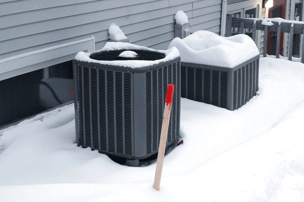 Snow-covered outdoor air conditioning units next to a house, highlighting the importance of proper maintenance when you use an air conditioner in the winter—essential air conditioning tips and tricks for homeowners in regions like the Gold Coast.