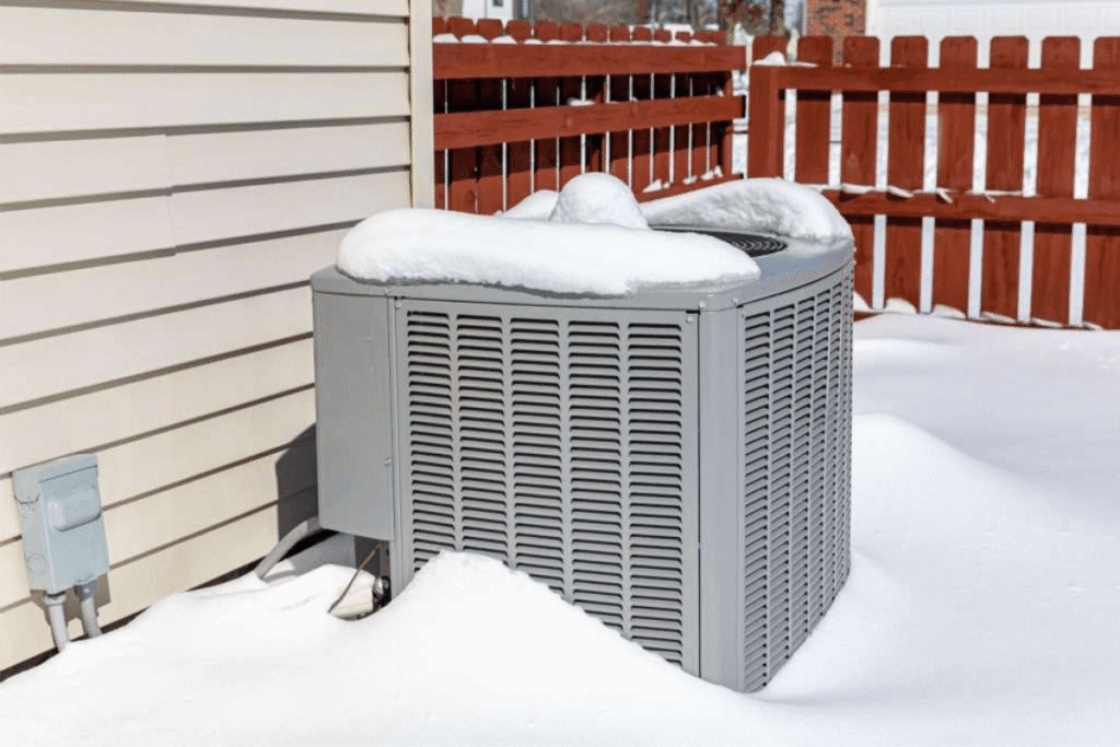 A residential air conditioning unit partially buried in snow, demonstrating what can go wrong if you use an air conditioner in the winter without preparation—part of essential air conditioning tips and tricks for the Gold Coast climate.