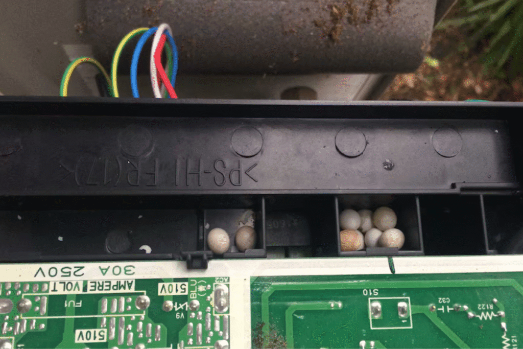 Inside view of an air conditioning unit showing multiple gecko eggs near the circuit board, highlighting the need for preventative gecko treatment and AC service Gold Coast to avoid infestations.
