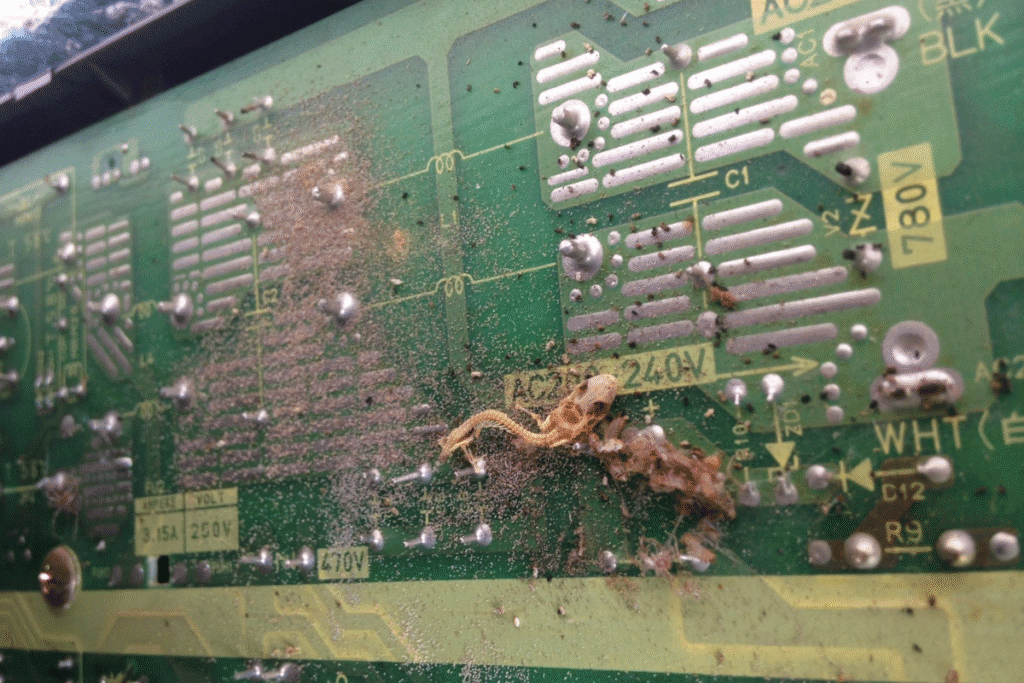 Close-up of an air conditioning circuit board covered in dust with a dead gecko skeleton stuck to the components, showing the damage that can occur without gecko treatment and regular AC service Gold Coast.