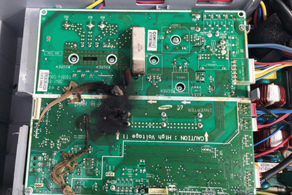 Burnt air conditioning circuit board containing two dead geckos, illustrating severe electrical damage and the importance of professional gecko treatment for protecting air conditioning Gold Coast systems.
