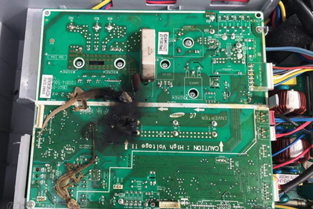 Burnt air conditioning circuit board containing two dead geckos, illustrating severe electrical damage and the importance of professional gecko treatment for protecting air conditioning Gold Coast systems.