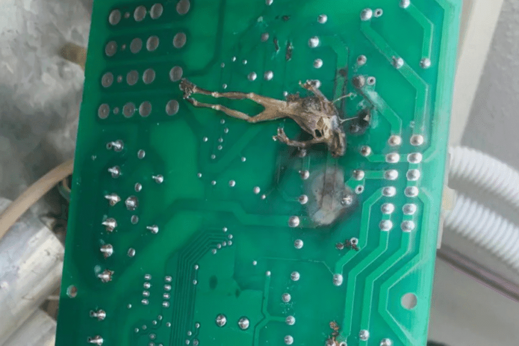 Burnt circuit board inside an air conditioning Gold Coast unit caused by a gecko, showing why you need to keep geckos out of your air conditioner.