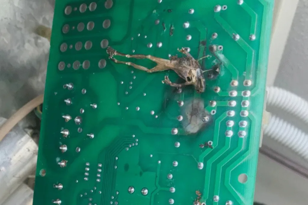 Burnt circuit board inside an air conditioning Gold Coast unit caused by a gecko, showing why you need to keep geckos out of your air conditioner.