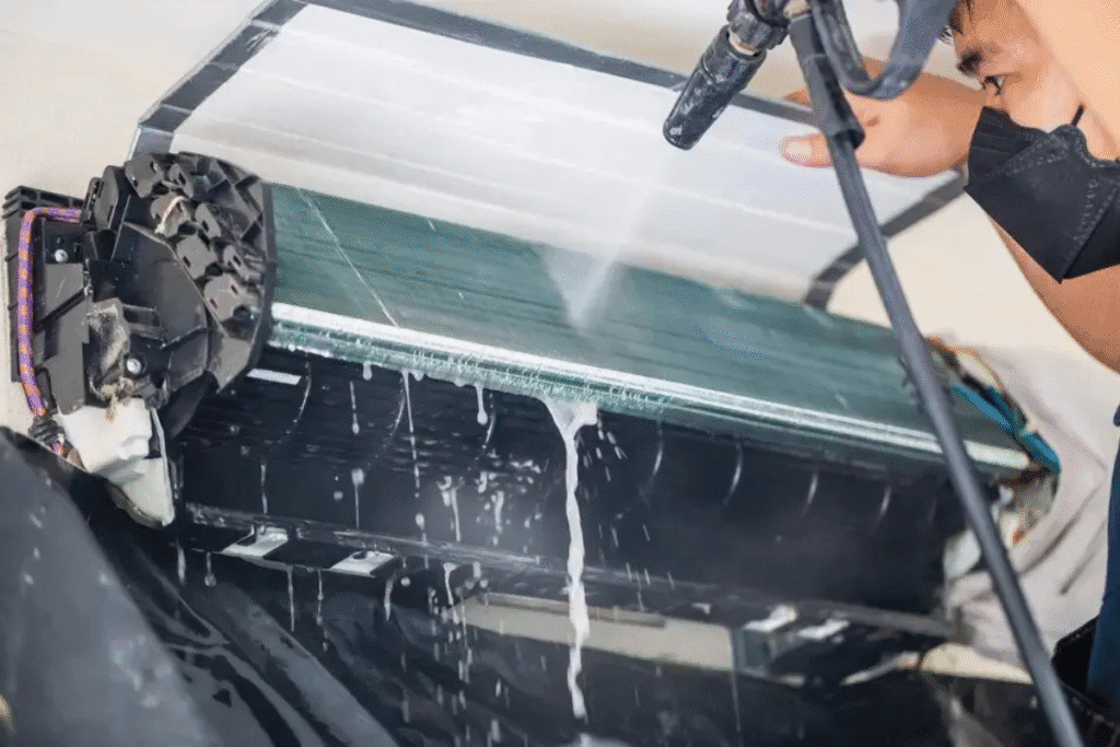 The technician is cleaning air conditioner's customer with a Hydro clean. 
