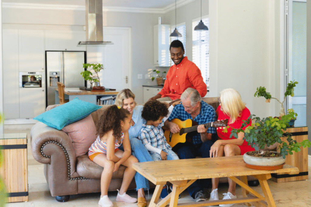 The family is standing in the center of living room