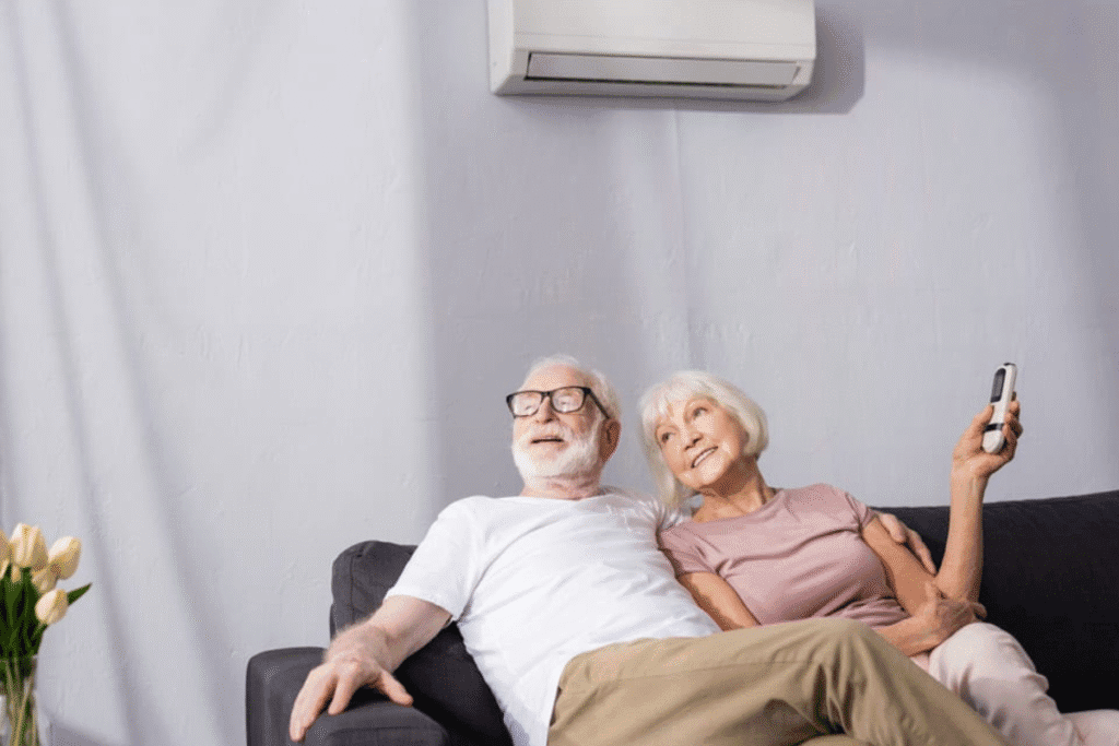 Two older people are enjoying simple tips for using air conditioning safely at home – from the experts in air conditioning Gold Coast.