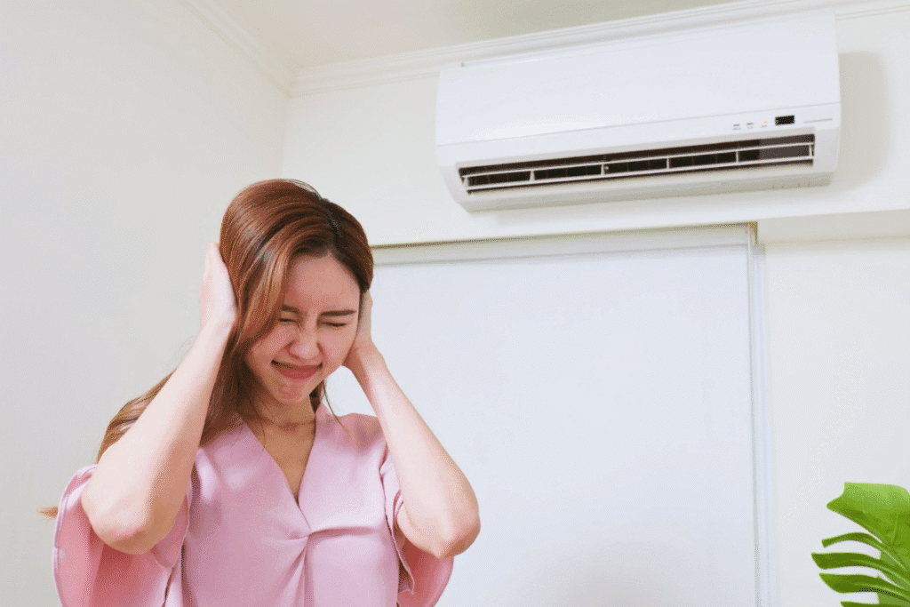 Woman covering her ears due to loud air conditioning noise at home – a common sign your air conditioner needs Hydro Clean. Book a professional cleaning service Gold Coast to fix noisy systems and restore comfort.