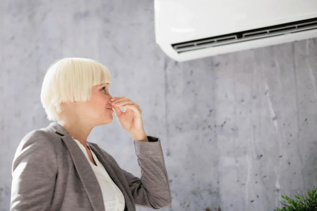 Woman holding her nose due to foul smell from the aircon – a strong indicator that your air conditioner needs Hydro Clean. Call your local cleaning service in Gold Coast.