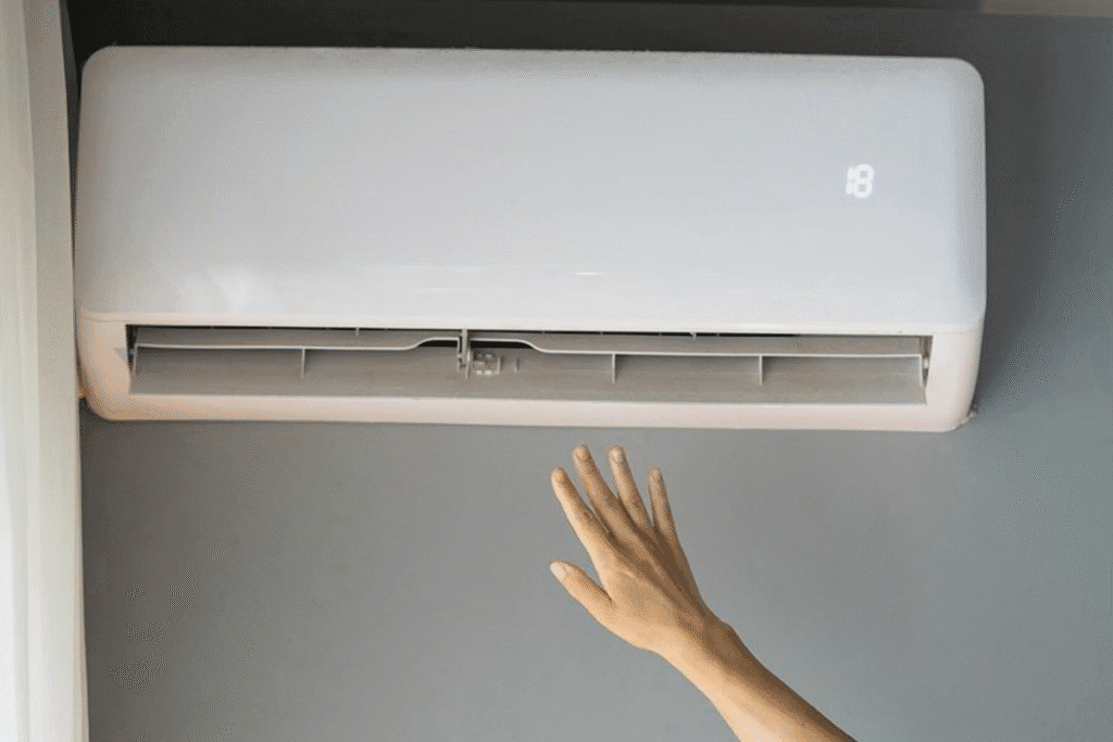 Person checking airflow from a wall-mounted air conditioning unit set to 18°C. 
